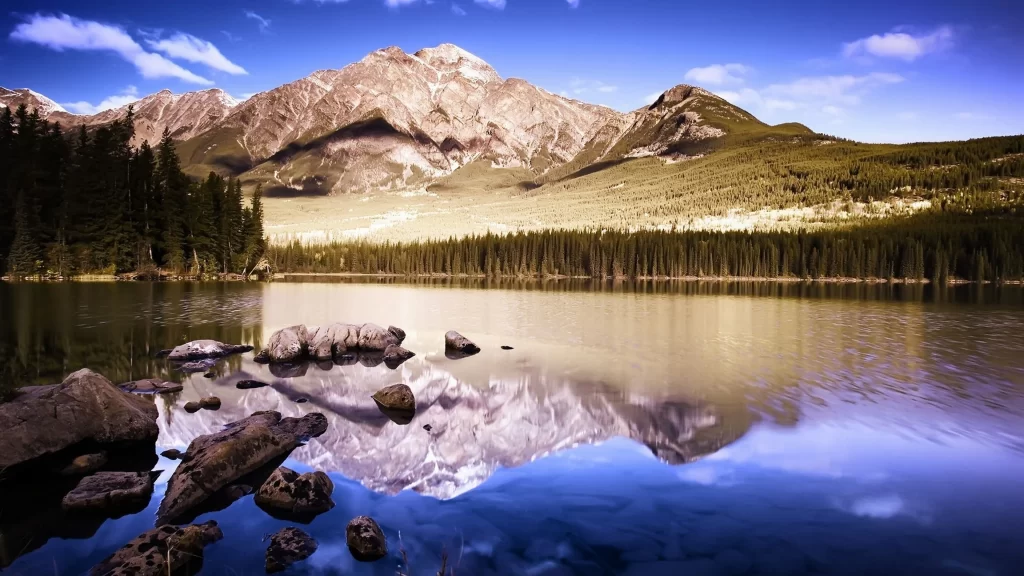 mountain lake reflection forest sky