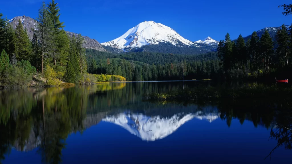 mountain lake reflection trees snow clear