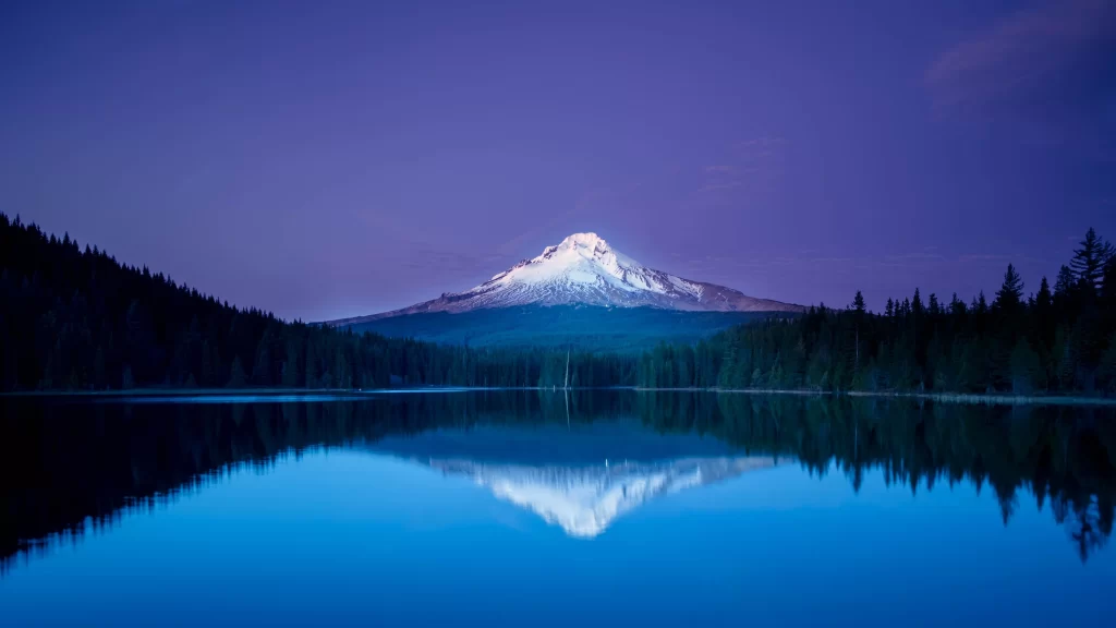 mountain lake reflection twilight snow forest
