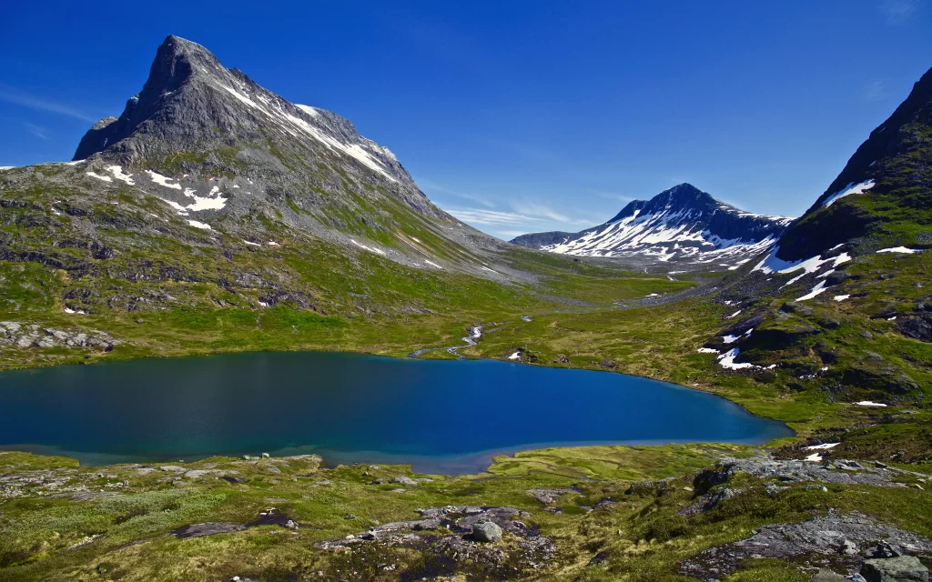 mountain lake snow green grass blue sky