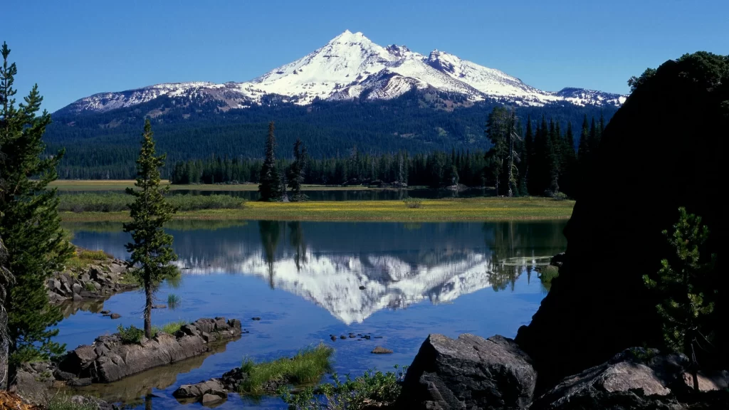 mountain lake snow reflection trees sky