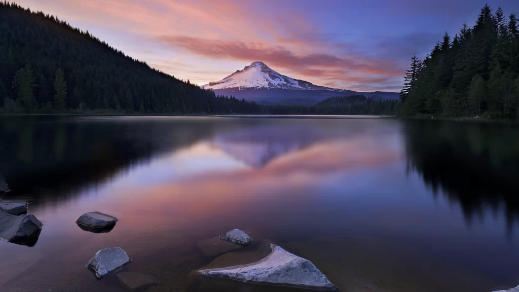 mountain lake sunset reflection forest rocks