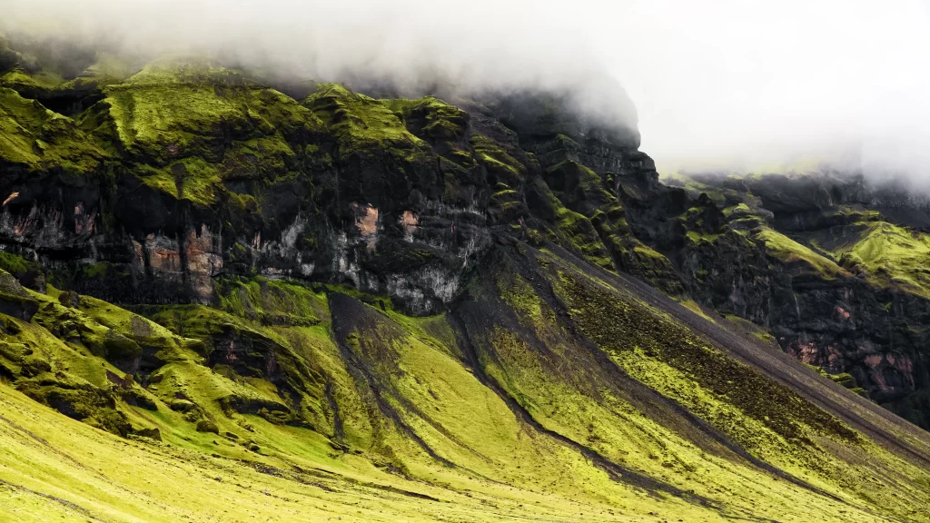 mountain landscape greenery mist rocky terrain