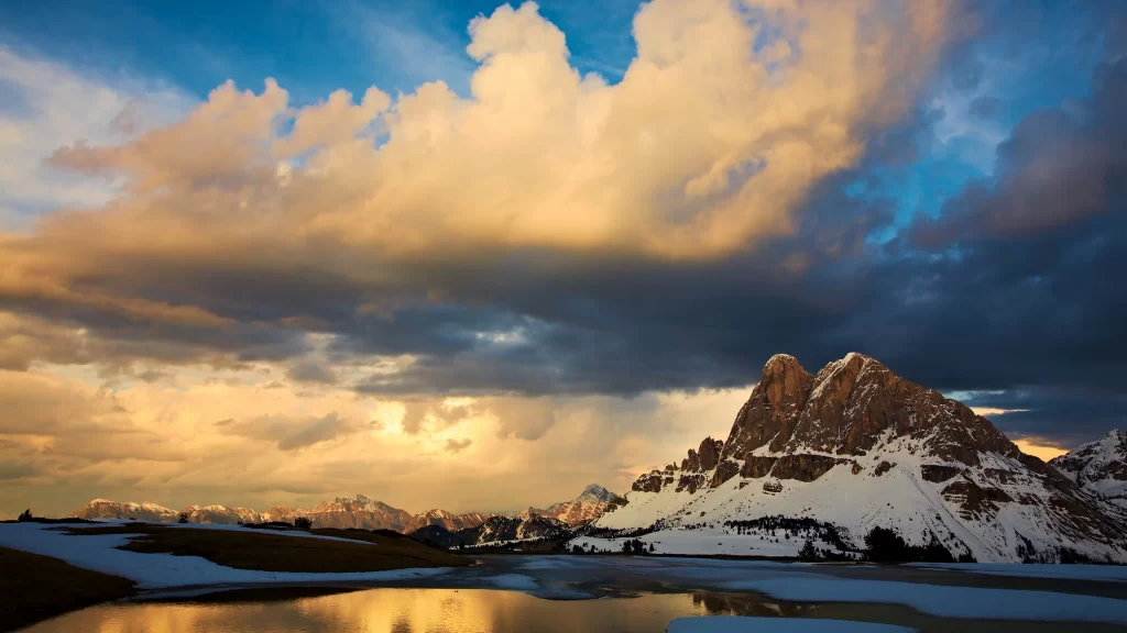 mountain snow clouds sunset reflection landscape