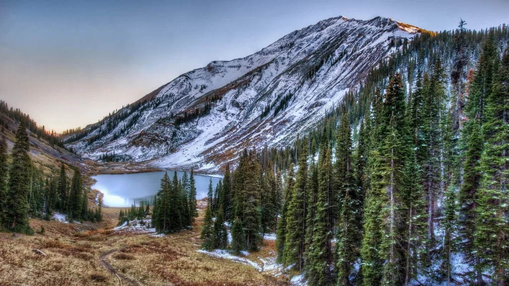 mountain snow lake forest sunrise