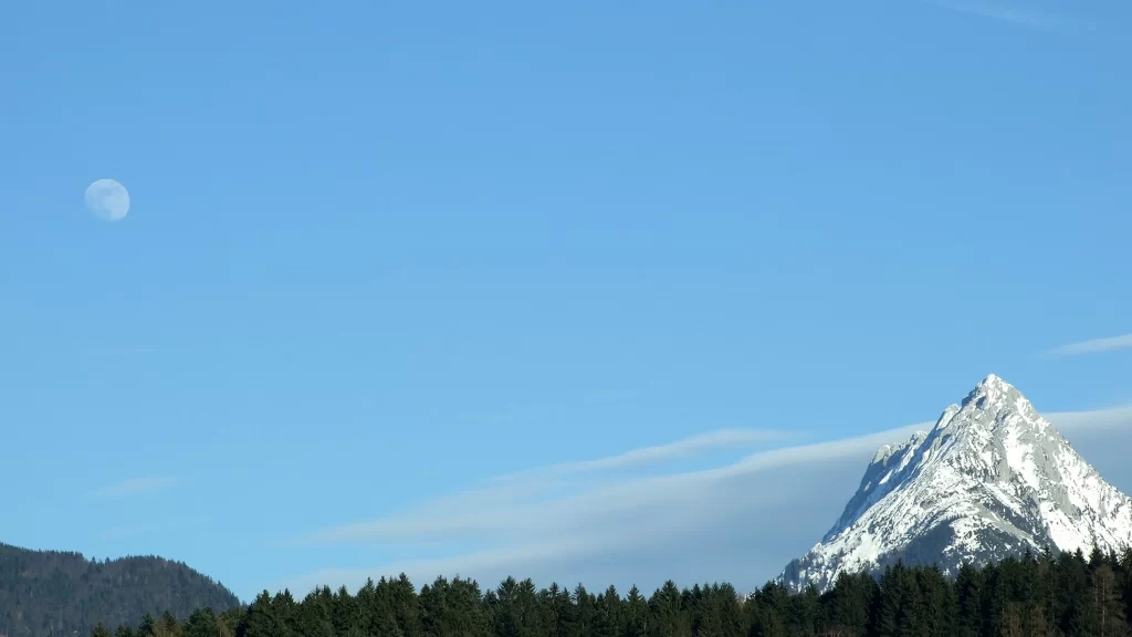 mountain snow sky moon trees