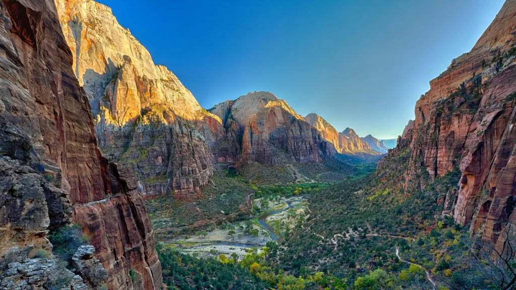 mountains canyon river greenery sunlight landscape