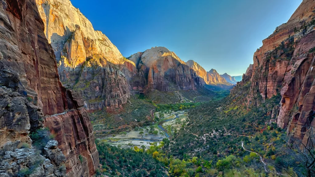 mountains canyon river greenery sunlight landscape
