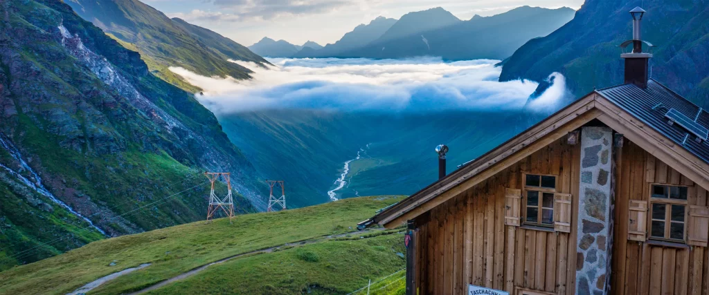 mountains, clouds, wooden house, greenery, valley, tranquility