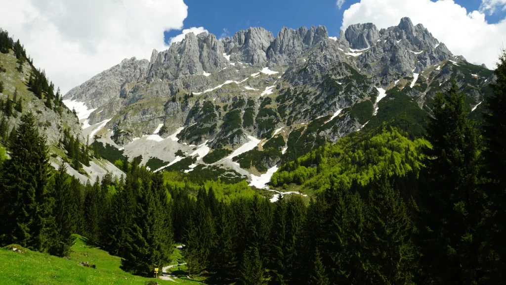 mountains greenery snow sky clouds landscape