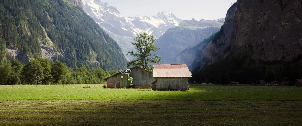 mountains, greenery, wooden cabin, clear sky, serene, natural