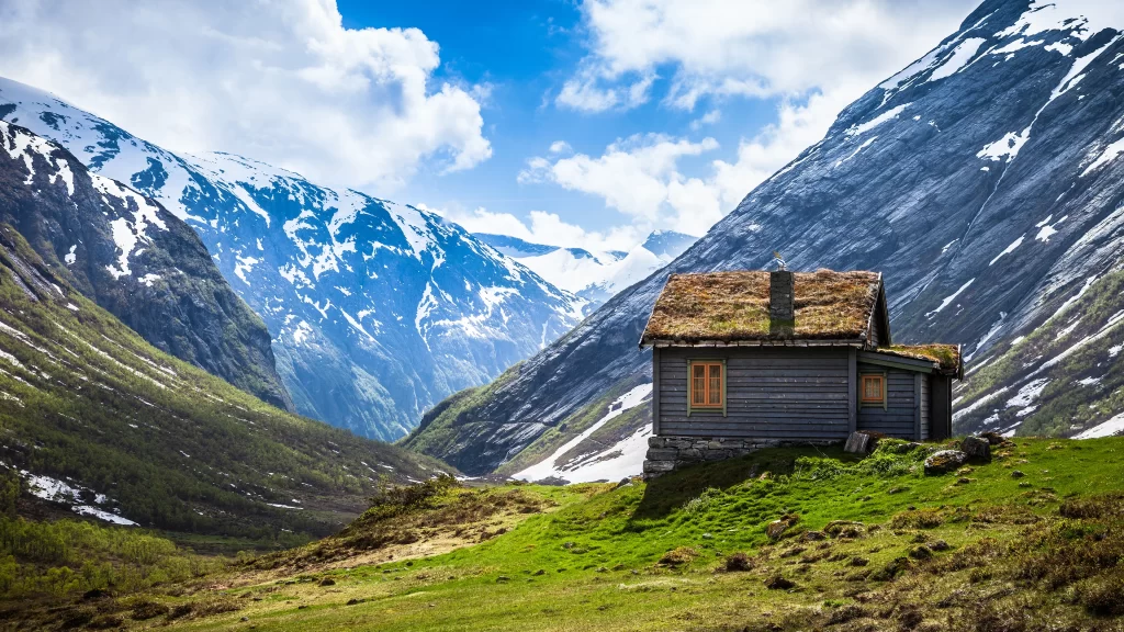 mountains house green snow sky clouds