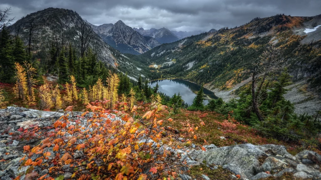 mountains lake autumn trees clouds