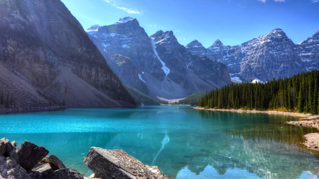 mountains lake clear sky reflection trees