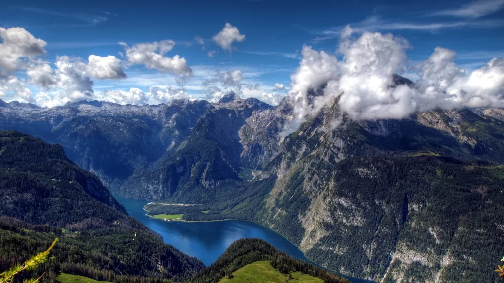 mountains lake clouds sky green