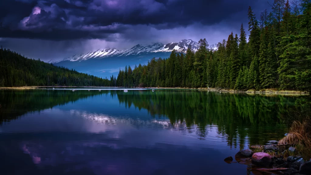 mountains lake forest clouds reflection nature