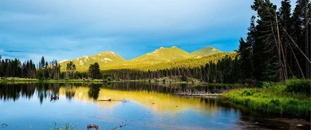 mountains lake forest trees reflection sky