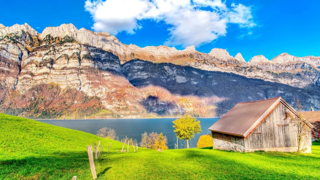 mountains lake grass house trees