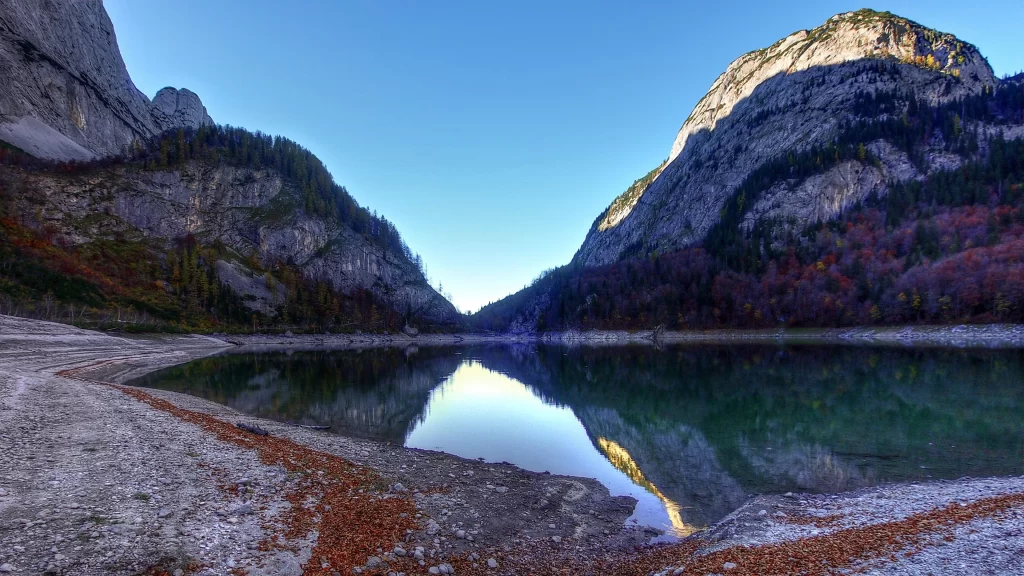 mountains lake reflection autumn trees