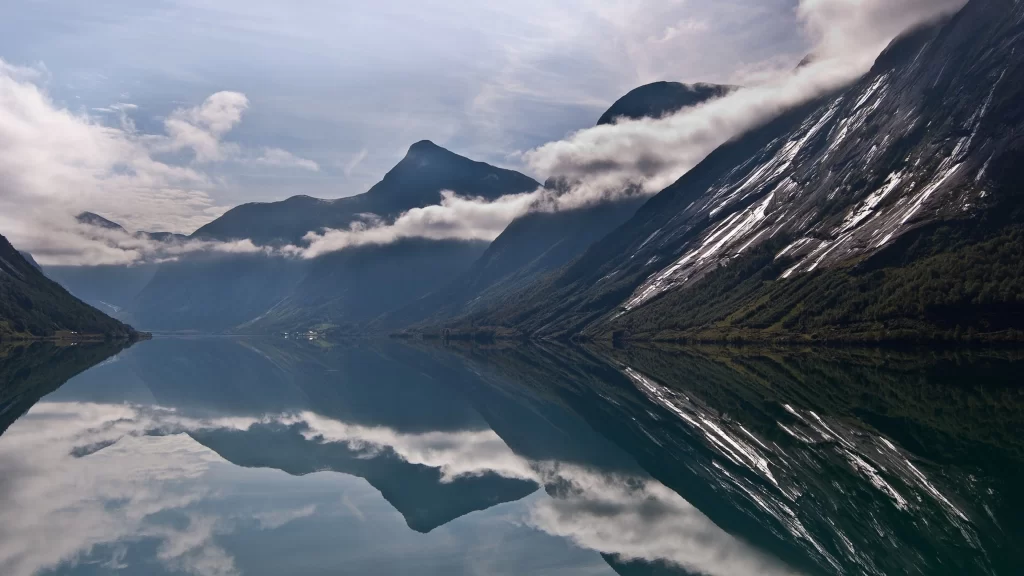 mountains lake reflection clouds sky nature landscape