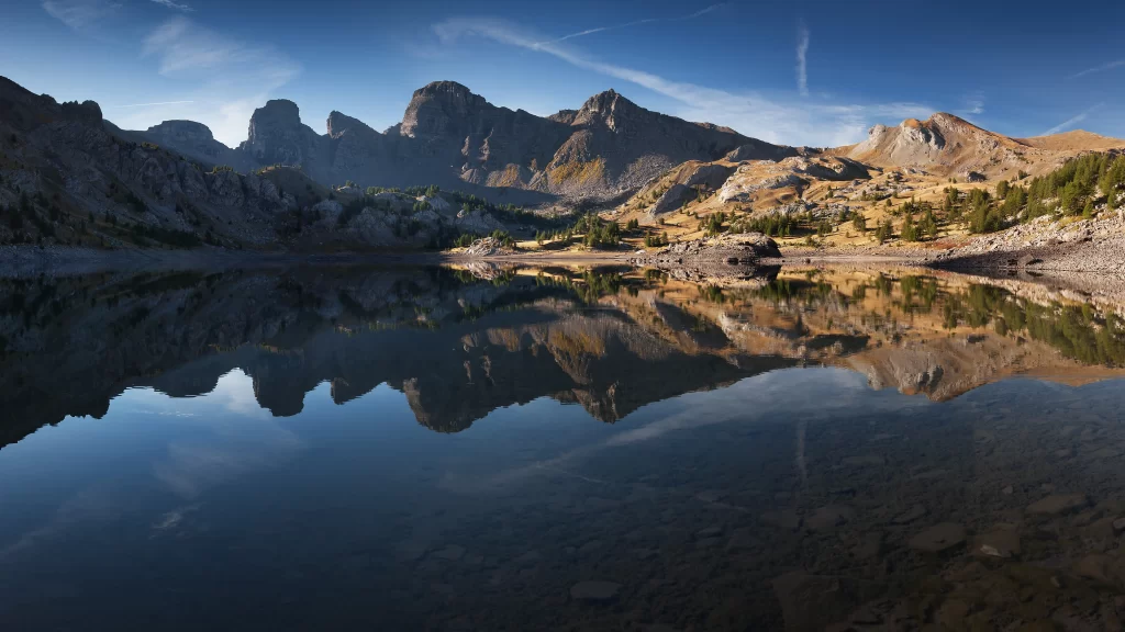 mountains lake reflection sky clouds
