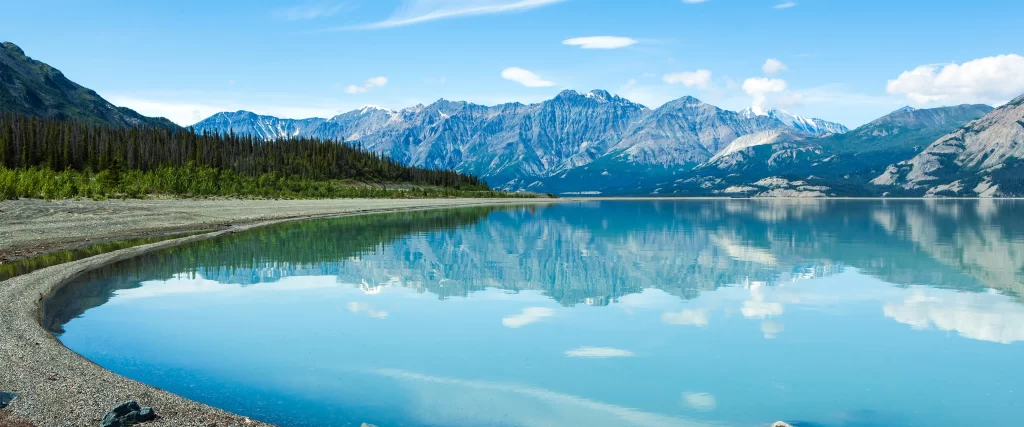 mountains lake reflection sky clouds forest