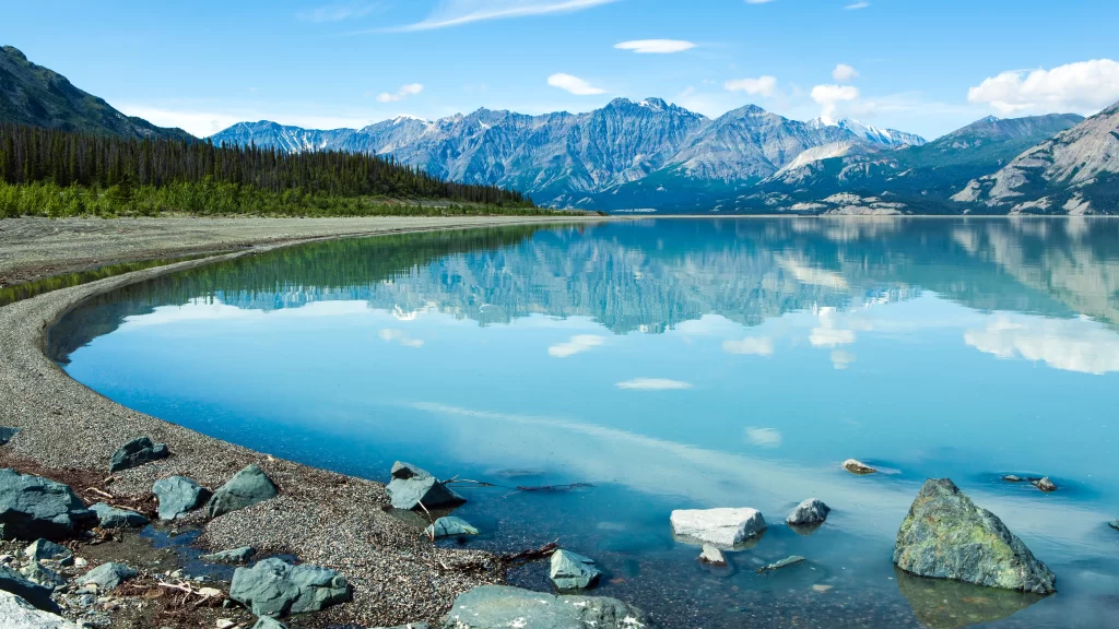 mountains lake reflection sky clouds rocks