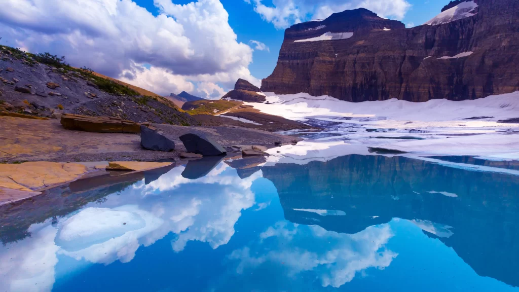 mountains, lake, reflection, sky, clouds, snow