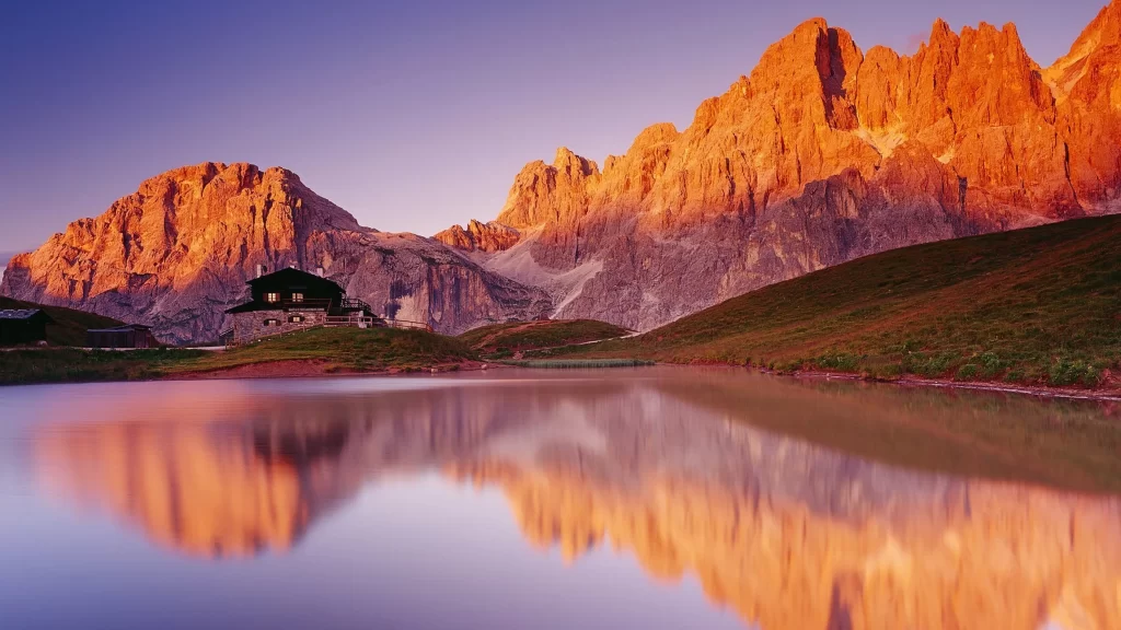 mountains lake reflection sunrise nature landscape