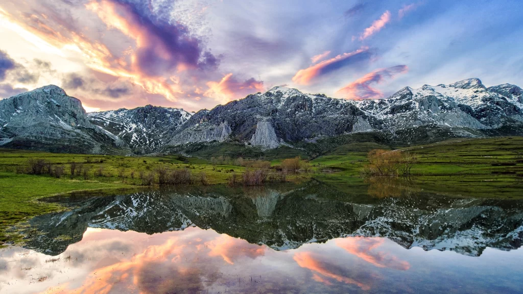 mountains, lake, reflection, sunset, clouds, nature