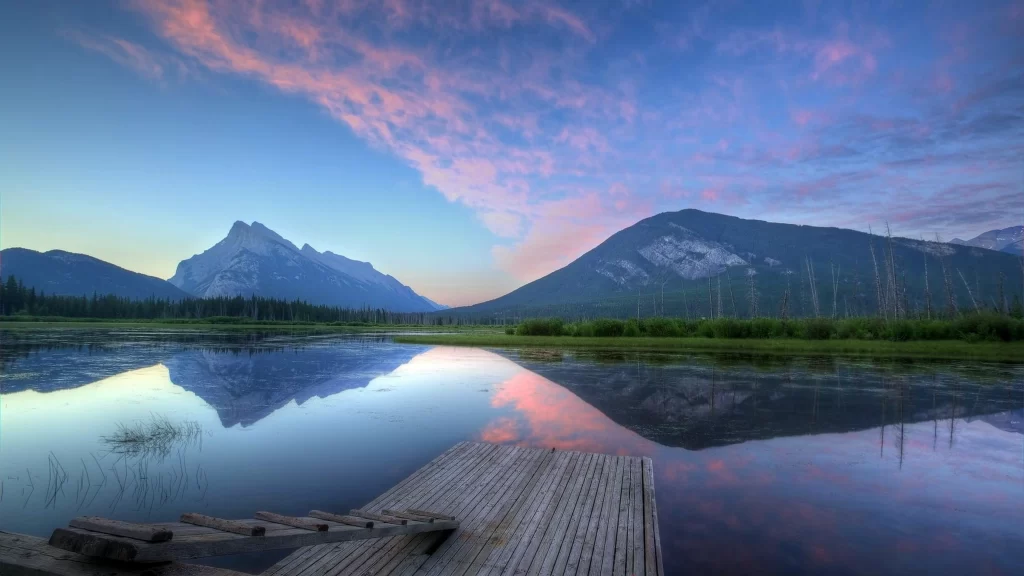 mountains lake reflection sunset clouds sky