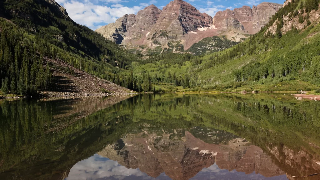 mountains lake reflection trees sky