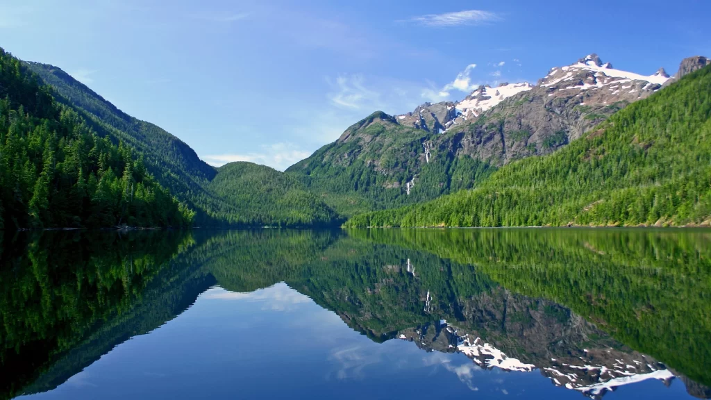 mountains lake reflection trees sky snow