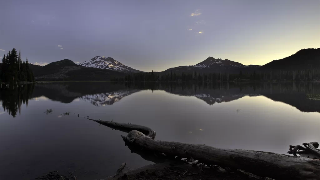 mountains lake reflection twilight trees