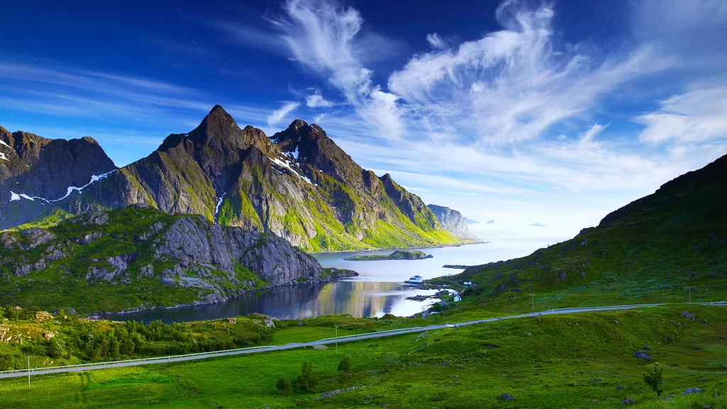 mountains lake sky clouds green landscape
