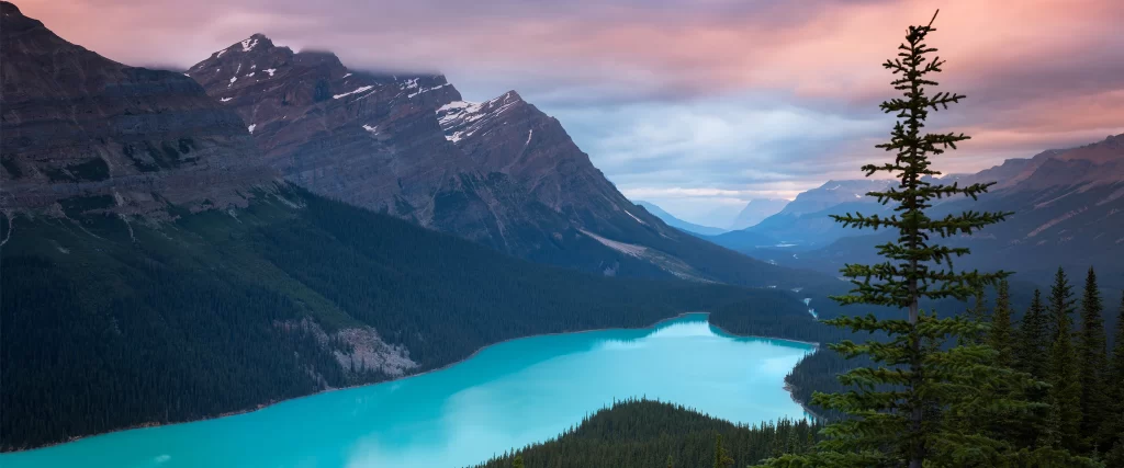 mountains lake sky trees clouds