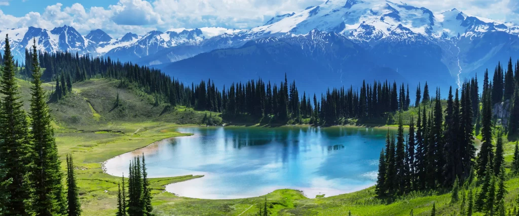 mountains lake trees green snow blue