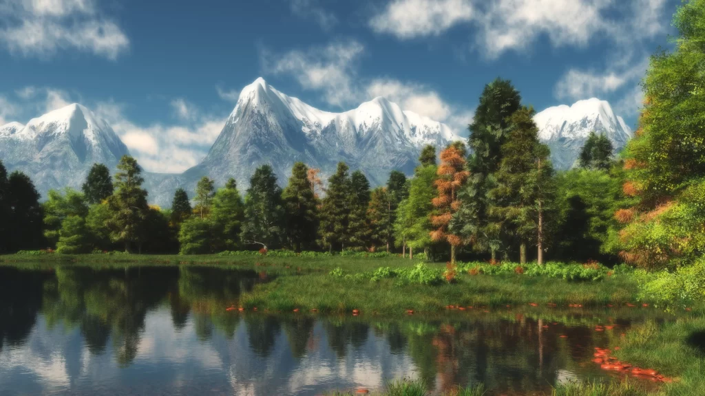 mountains lake trees sky clouds reflection
