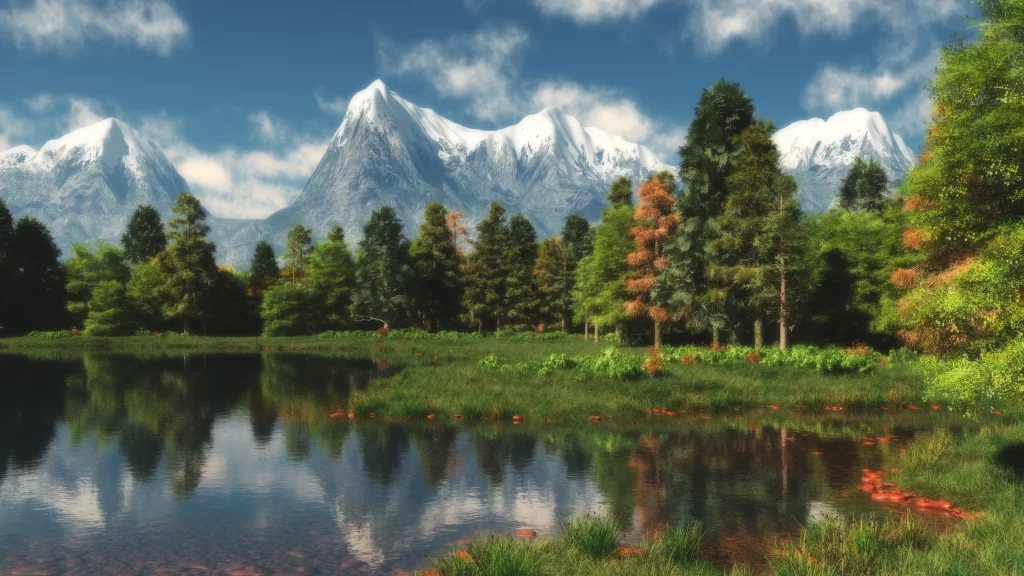 mountains lake trees sky reflection