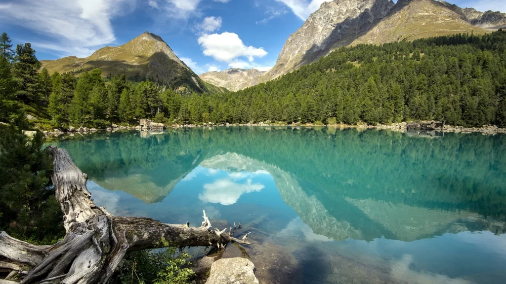 mountains lake trees sky reflection