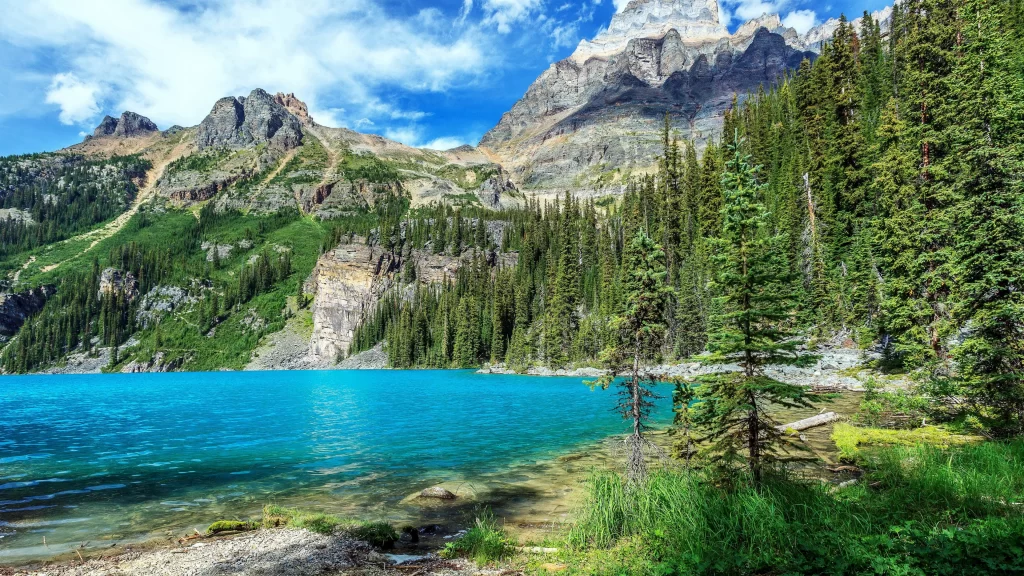 mountains lake trees sky water