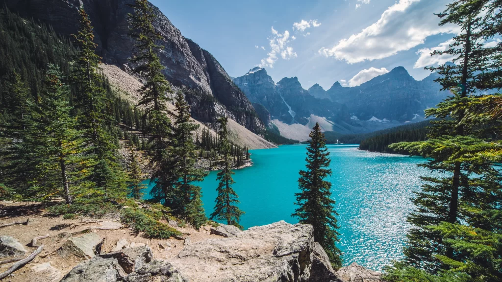 mountains lake trees sky water