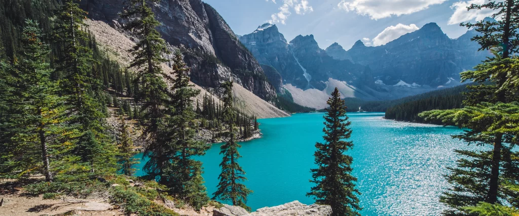 mountains lake trees sky water
