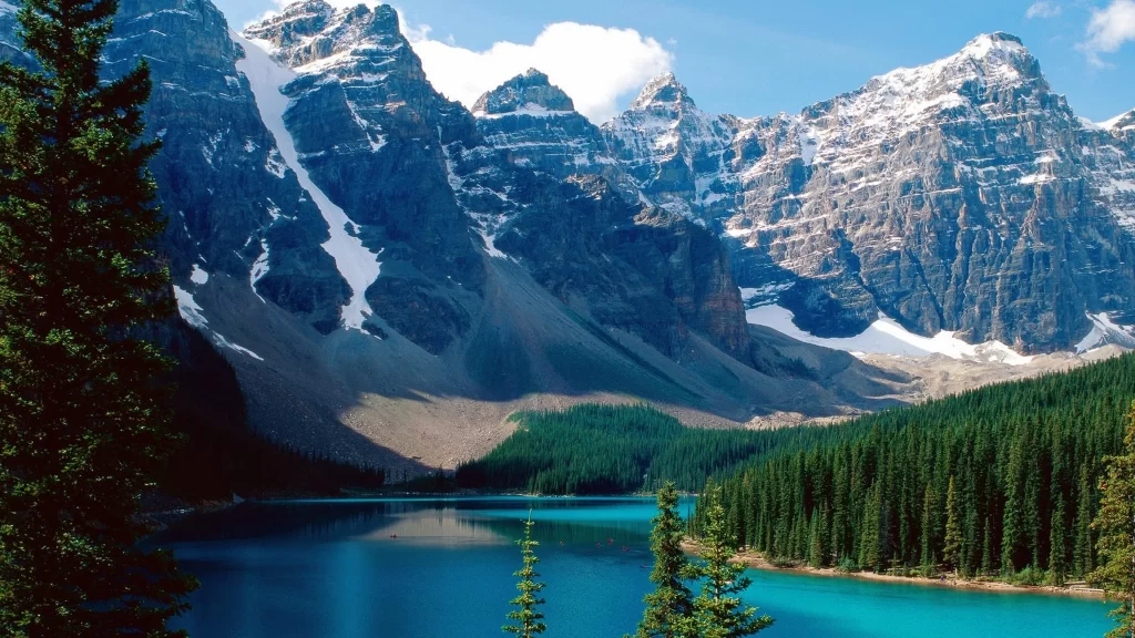 mountains lake trees snow sky