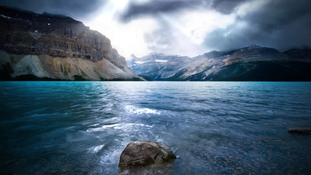 mountains lake water sky clouds
