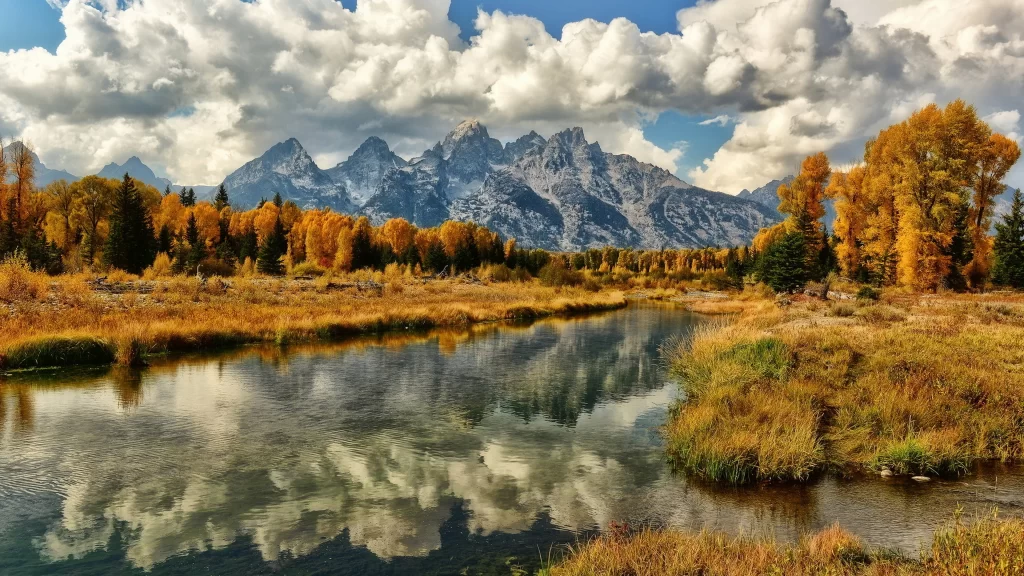 mountains river autumn trees clouds reflection