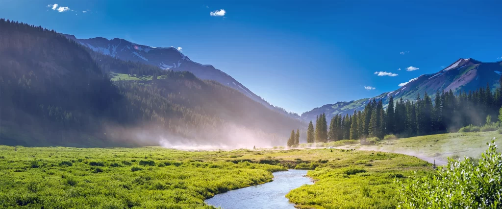 mountains, river, greenery, mist, blue sky, tranquility