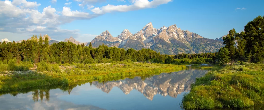 mountains, river, reflection, trees, sky, clouds