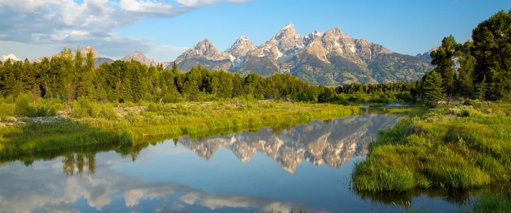 mountains, river, reflection, trees, sky, clouds