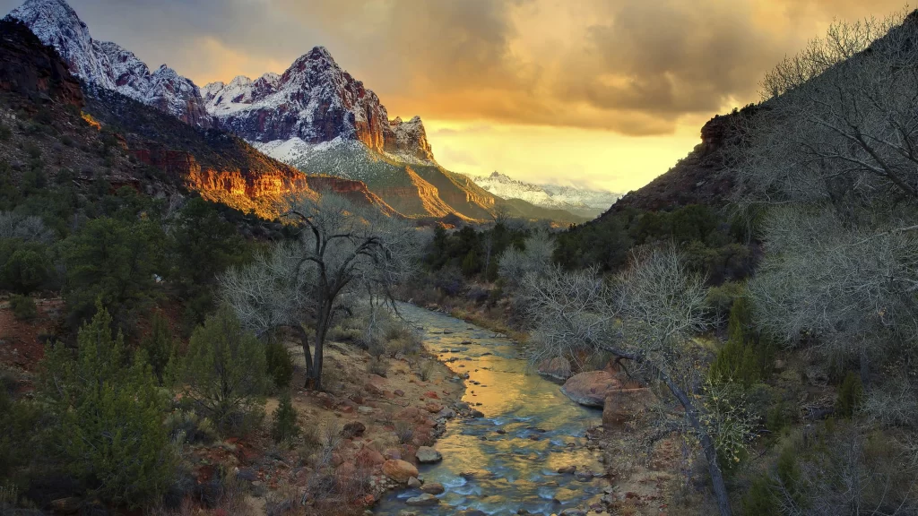 mountains river sunset landscape nature trees